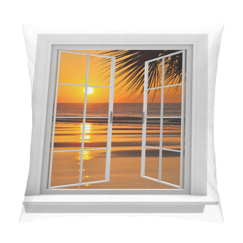 Personality  Open Window With A Tropical Beach View And Orange Sunset Pillow Covers