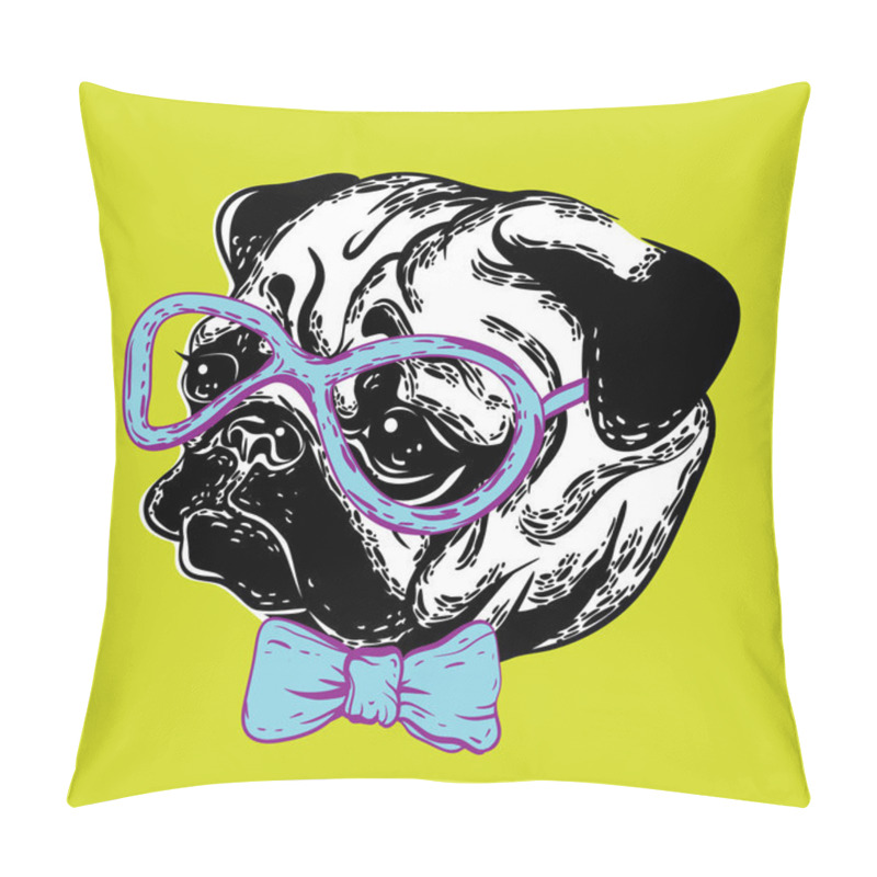 Personality  Vector Illustration Of A Cute Muzzle Dog Pug Dog In Glasses And With A Bow Tie Pillow Covers