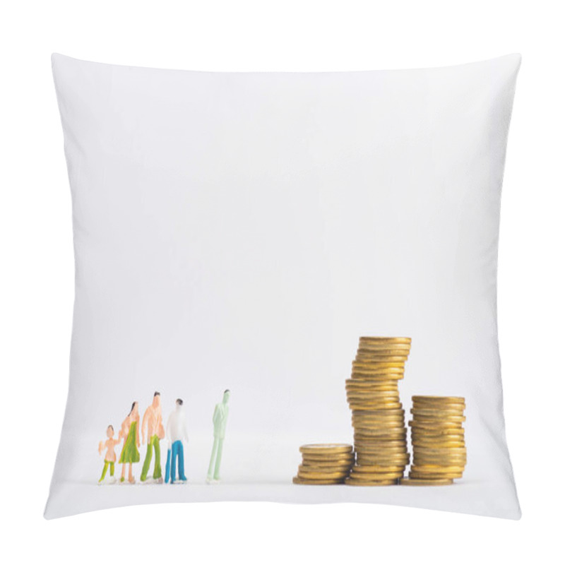 Personality  Toy People Figures Near Stacked Cons On White Surface Isolated On Grey, Concept Of Financial Equality Pillow Covers