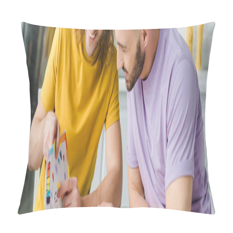 Personality  Panoramic Shot Of Curly Homosexual Man Pointing With Finger At Picture  Pillow Covers