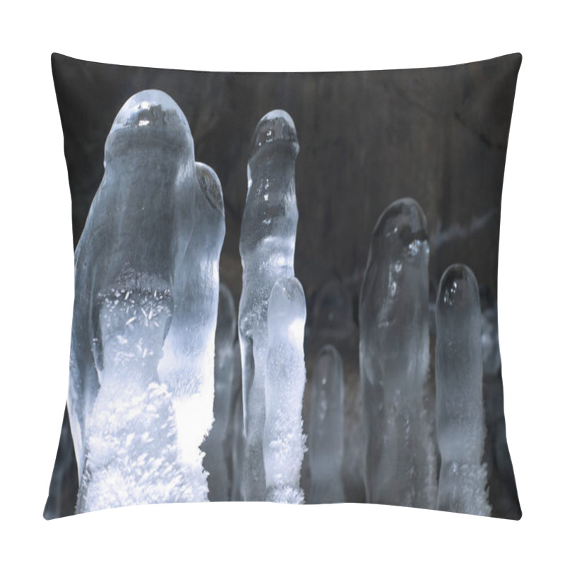 Personality  Group Of Transparent Ice Stalagmites In A Cave Closeup On A Dark Background Pillow Covers