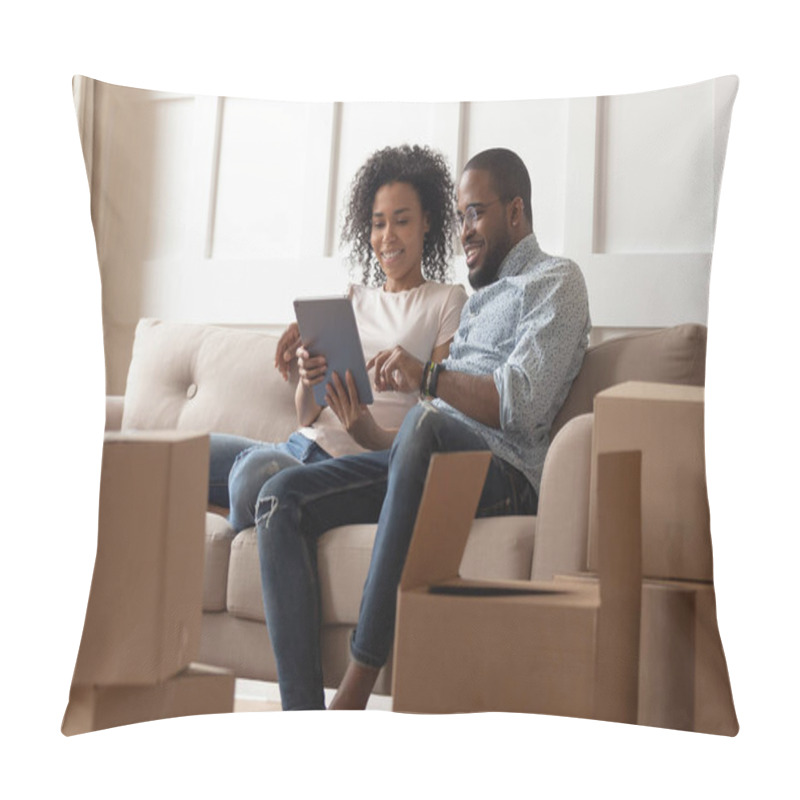 Personality  African Couple Sit On Couch Near Boxes Using Tablet Computer Pillow Covers