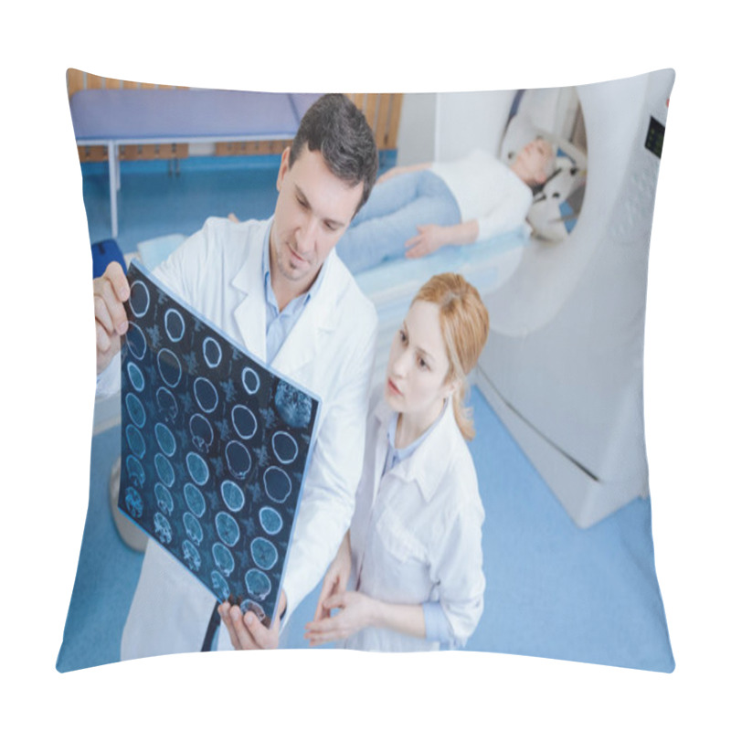 Personality  Serious Professional Doctor Looking At The CT Brain Scans Pillow Covers