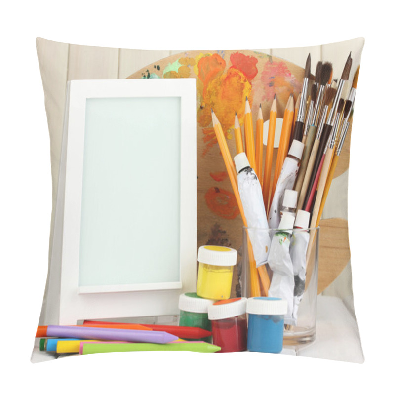 Personality  Photo Frame As Easel With Artist's Tools On Wooden Background Pillow Covers