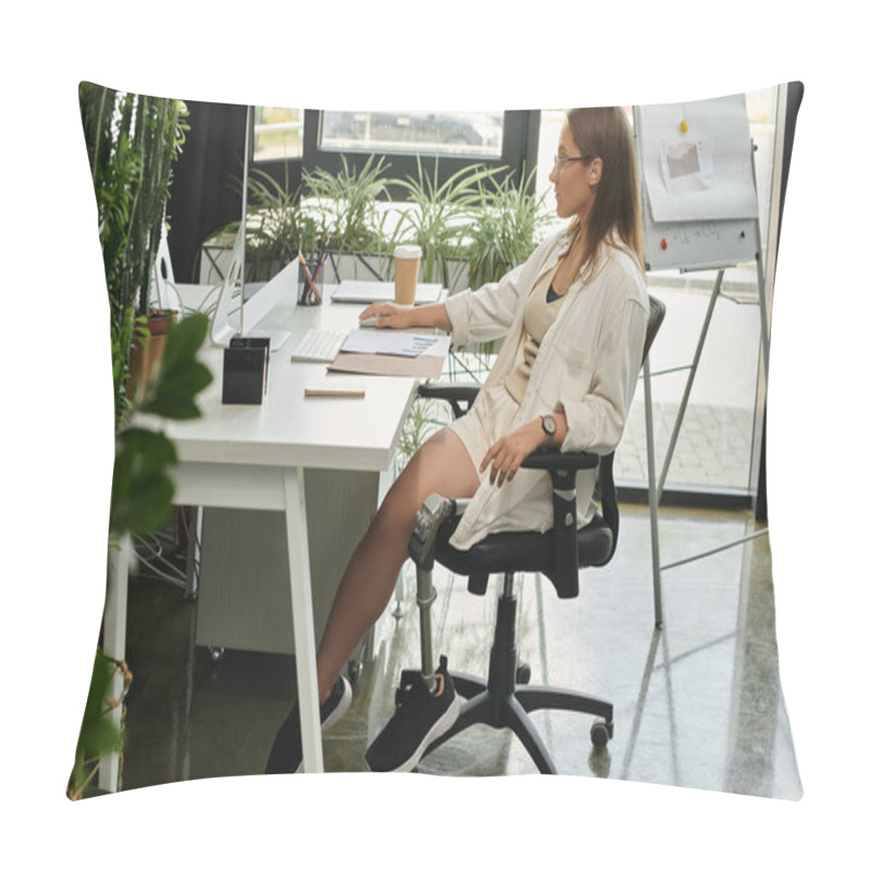 Personality  A Woman Works At A Desk In An Office, Using A Computer. Pillow Covers