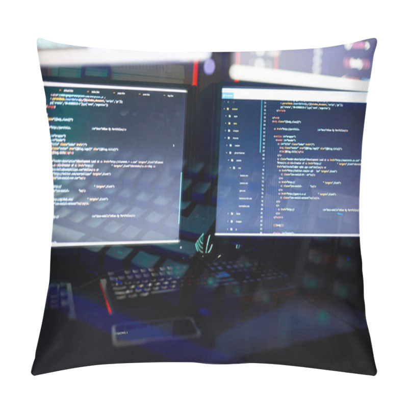 Personality  Image Of Two Computer Monitors Installing The New Software In Dark Office Pillow Covers