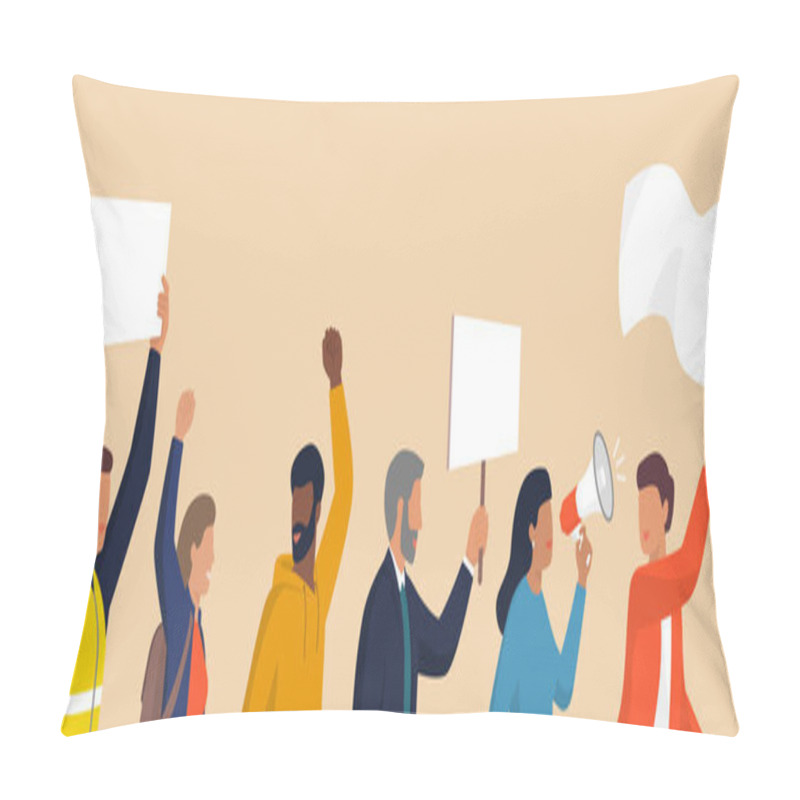 Personality  Diverse People Marching Together, Holding Signs And A Flag: Togetherness And Activism Concept Pillow Covers