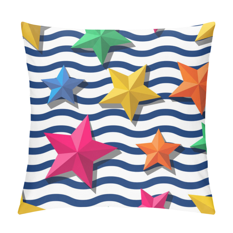 Personality  Vector Seamless Pattern With 3d Stylized Stars And And Blue Wavy Stripes Pillow Covers