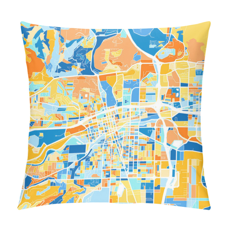 Personality  Color Art Map Of  Reno, Nevada, UnitedStates In Blues And Oranges. The Color Gradations In Reno   Map Follow A Random Pattern. Pillow Covers