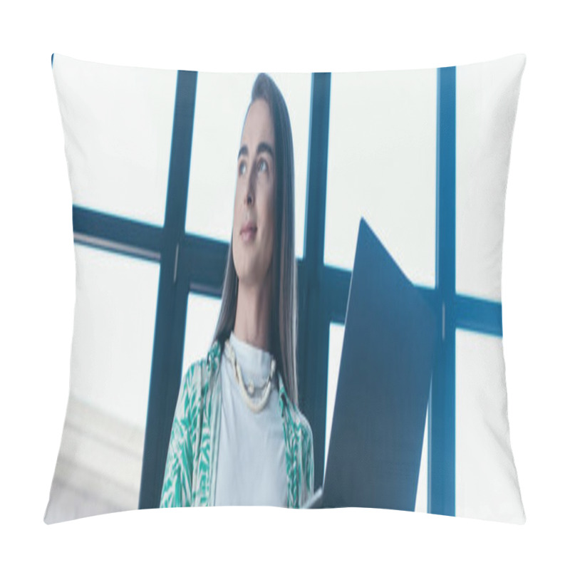 Personality  Low Angle View Of Queer Designer Holding Laptop In Office, Banner  Pillow Covers