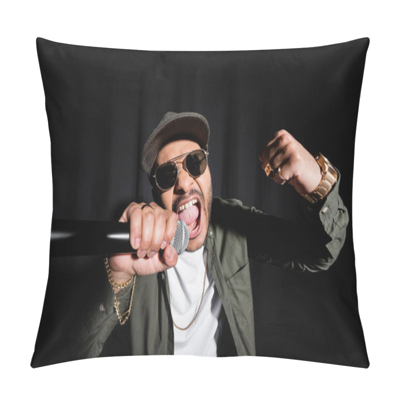 Personality  Indian Hip Hop Performer In Sunglasses And Cap Singing Loud In Microphone On Black Pillow Covers