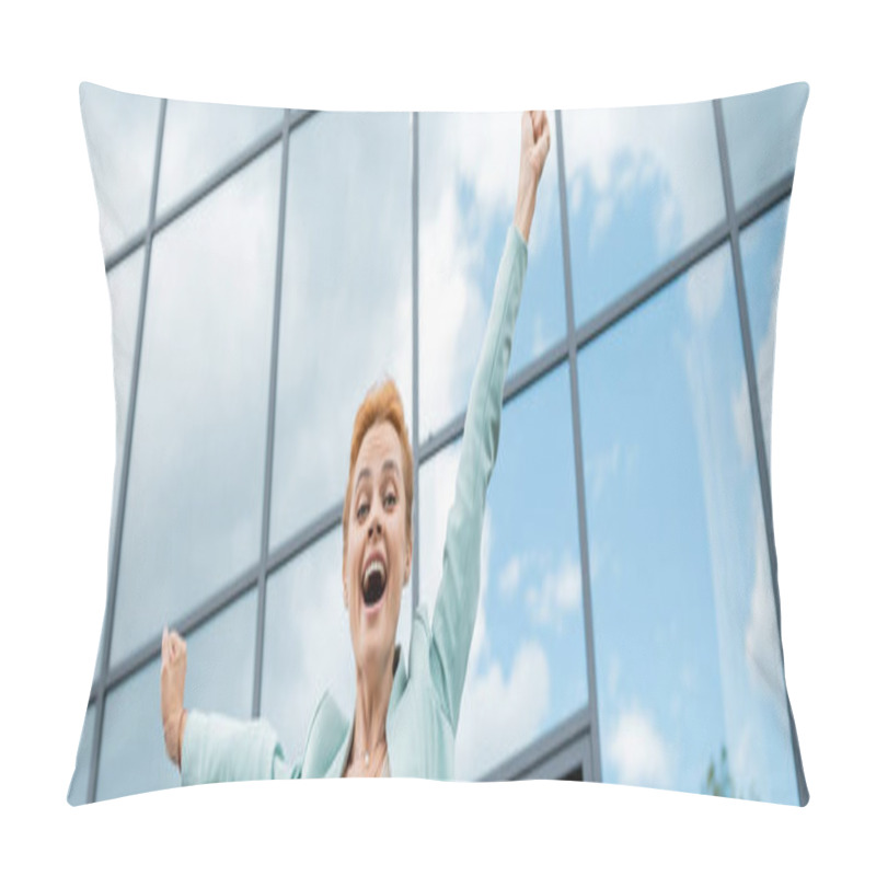 Personality  Low Angle View Of Cheerful Redhead Businesswoman Celebrating Triumph Near Modern Building In City, Banner Pillow Covers