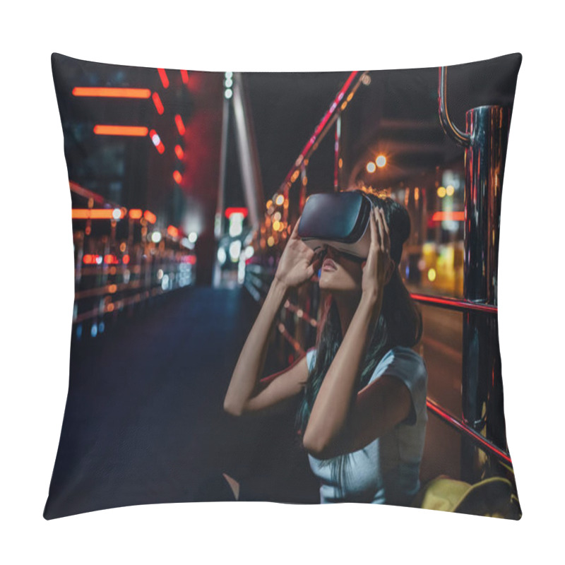 Personality  Young Woman In Virtual Reality Headset Sitting On Street With Night City On Background Pillow Covers