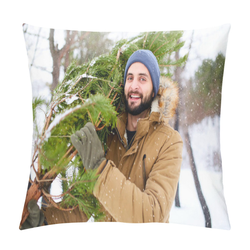 Personality  Bearded Man Carrying Freshly Cut Down Christmas Tree In Forest. Young Lumberjack Bears Fir Tree On His Shoulder In The Woods. Irresponsible Behavior Towards Nature, Save Forest, Keep Green Concept. Pillow Covers