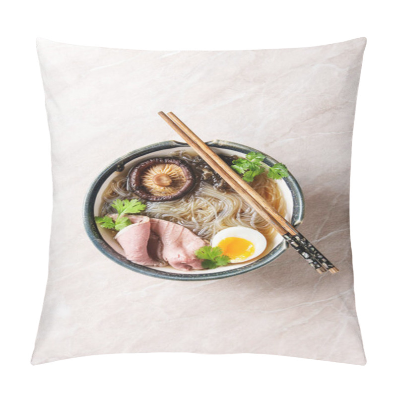 Personality  Traditional Japanese Noodle Soup With Shiitake Mushroom, Egg, Sliced Beef And Greens Served In Ceramic Bowl With Wooden Chopsticks Over Pink Marble Background. Flat Lay, Space. Asian Style Dinner Pillow Covers