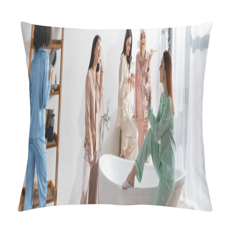 Personality  Happy Interracial Women In Eye Patches Smiling In Bathroom During Slumber Party, Banner Pillow Covers