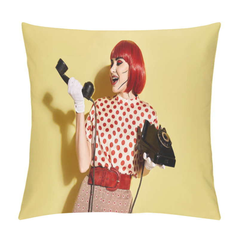 Personality  A Fiery Red-haired Woman With Striking Pop Art Makeup Holds A Phone Against A Yellow Background, Channeling A Comic Book Character. Pillow Covers