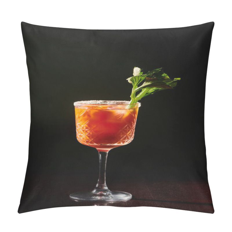 Personality  Stunning Bloody Mary Cocktail With Celery Stalk Garnishing On Black Background, Concept Pillow Covers