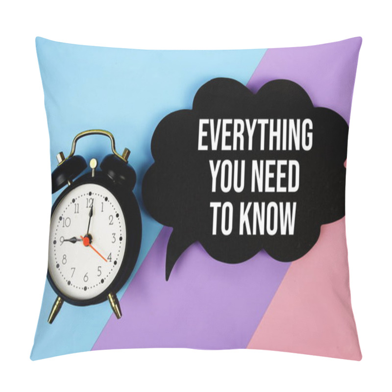 Personality  Everything You Need To Know Text On Speech Bubble With Alarm Clock Top View On Blue, Purple And Pink Geometric Background Pillow Covers