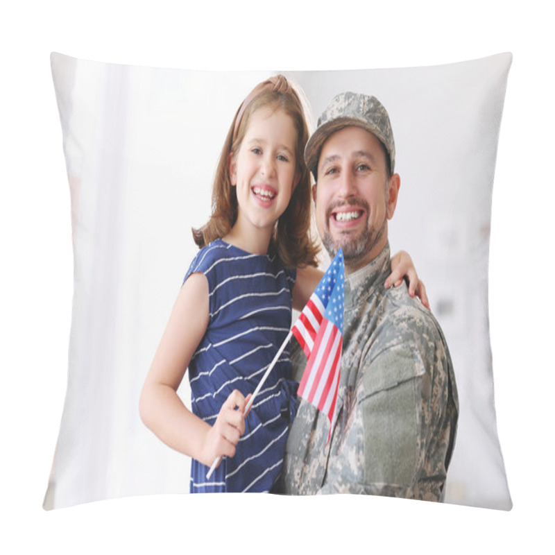 Personality  Portrait Of Happy American Family Father In Military Uniform And Cute Little Girl Daughter With Flag Of United States Hugging And Smiling At Camera, Male Soldier Dad Reunited With Family At Home Pillow Covers