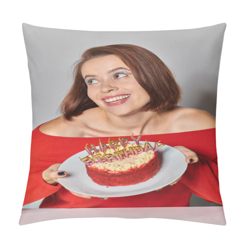 Personality  Amazed Woman In Red Attire Holding Bento Cake With Happy Birthday Candles On Grey Background Pillow Covers