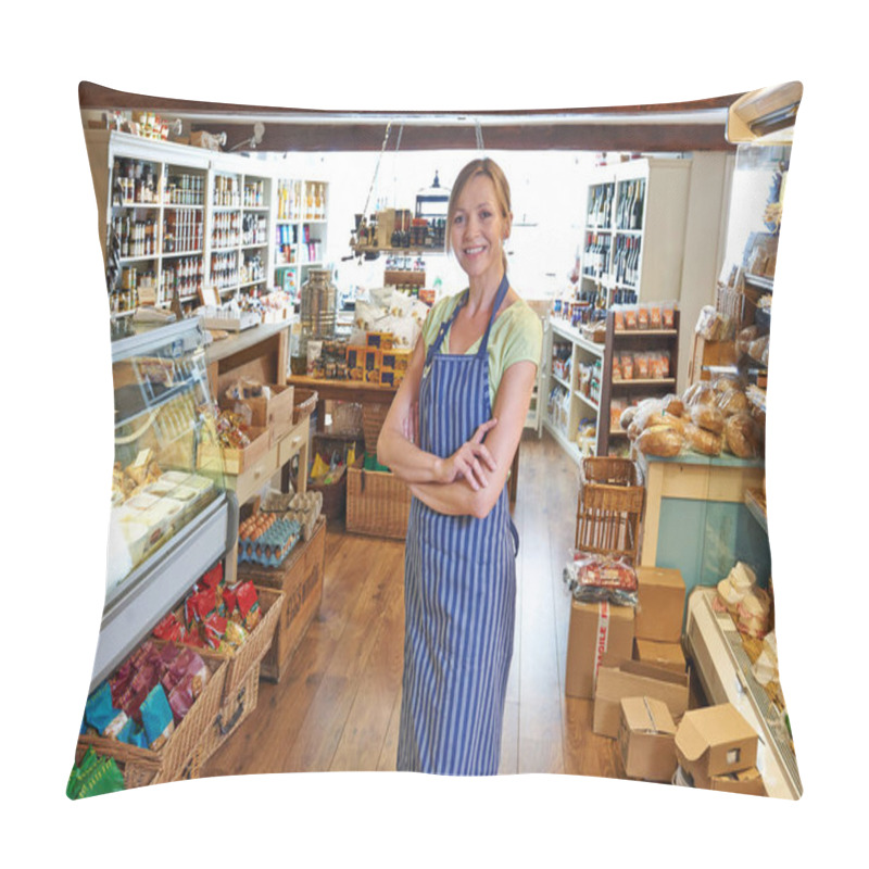 Personality  Portrait Of Female Owner Of Delicatessen Standing In Shop Pillow Covers