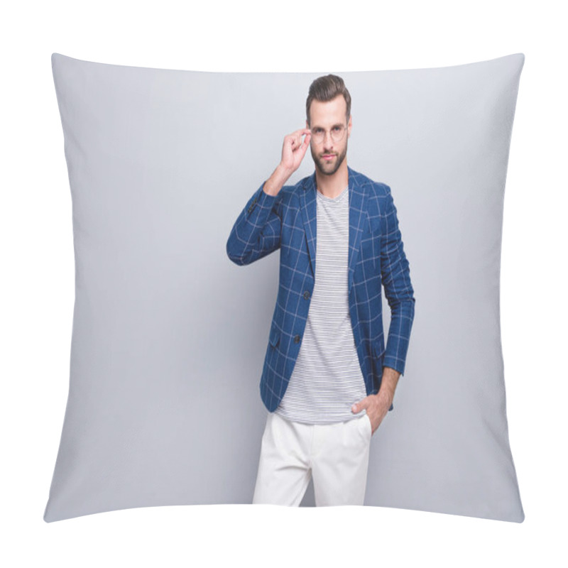 Personality  Portrait Of His He Nice Serious Attractive Well-dressed Imposing Bearded Guy Wearing Checked Blazer Posing Touching Specs Isolated Over Light Grey Pastel Color Background Pillow Covers