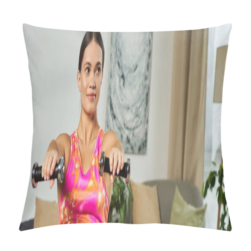 Personality  A Young Brunette Woman With A Short Stature Engages In A Home Workout Using Dumbbells In Her Stylish Living Space, Focusing On Fitness. Pillow Covers