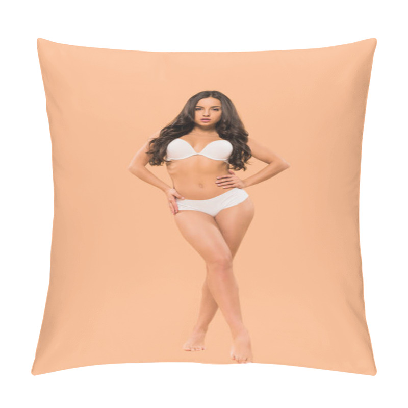 Personality  Sexy Woman Standing With Hands On Hips Isolated On Beige  Pillow Covers