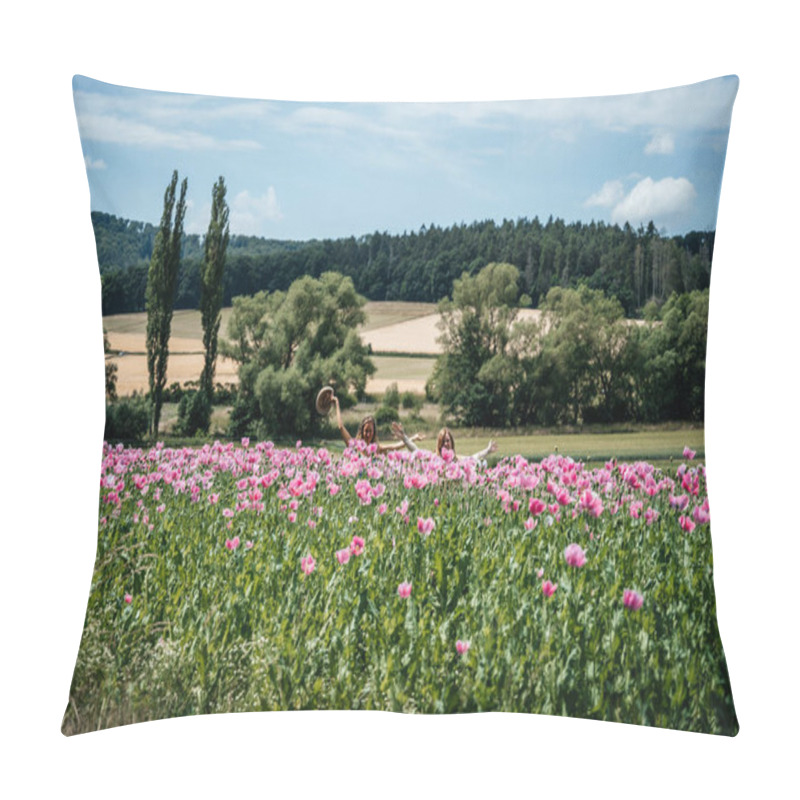 Personality  Field Of Pink Poppies On The Background Of A Beautiful Landscape In The Mountains, Swaying In The Wind High Quality Photo.  Pillow Covers