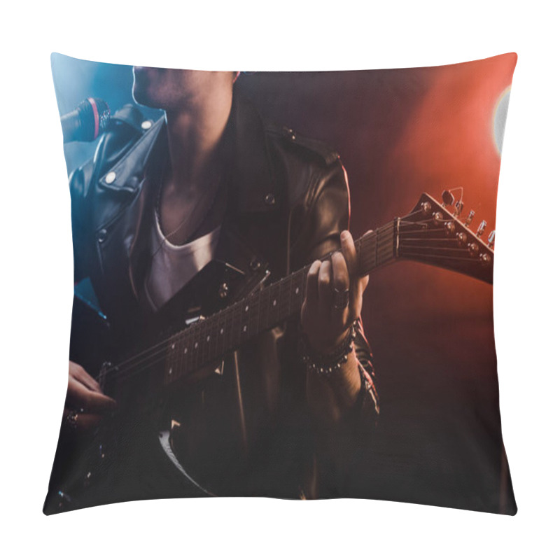 Personality  Partial View Of Young Man Singing In Microphone And Playing On Electric Guitar On Stage During Rock Concert  Pillow Covers