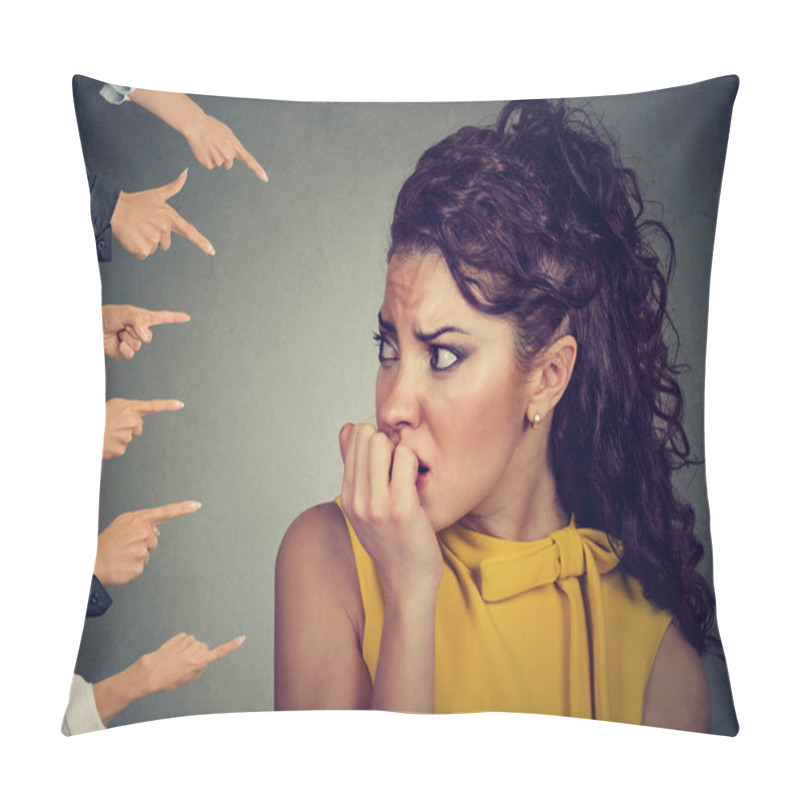 Personality  Anxious Woman Judged By Different People Fingers Pointed At Her Pillow Covers