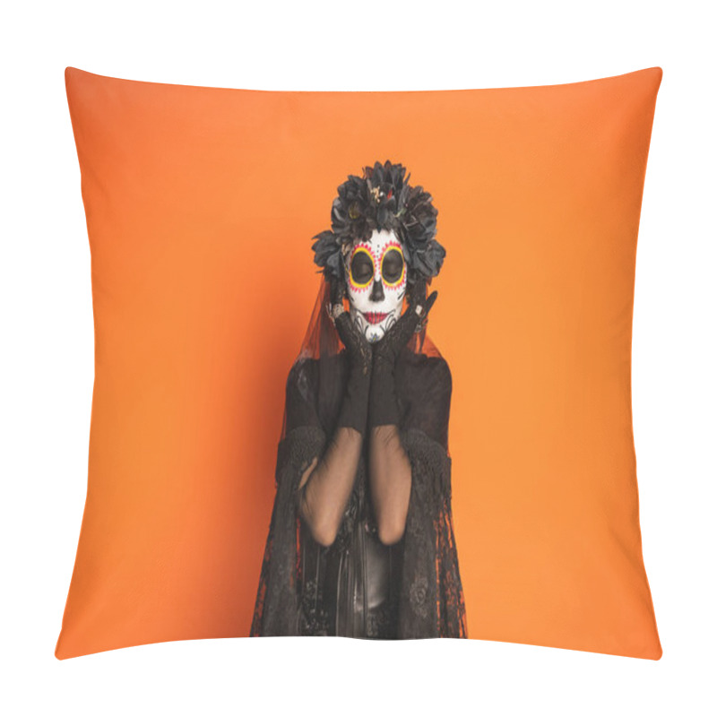 Personality  Woman With Spooky Halloween Makeup Wearing Black Costume And Wreath Standing With Closed Eyes Isolated On Orange Pillow Covers