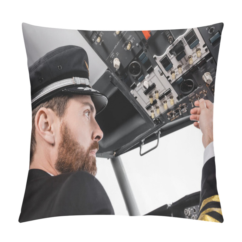 Personality  Bearded Pilot In Cap Reaching Overhead Panel With Set Of Switches In Airplane Simulator  Pillow Covers