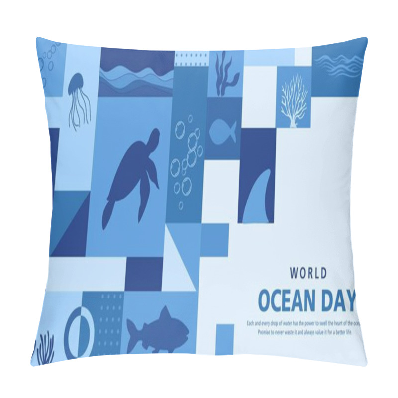 Personality  Happy World Oceans Day Background With Underwater Ocean, Shinny Light Coral, Sea Plants, Stingray And Turtle In Mosaic Pattern. Vector Illustration Pillow Covers