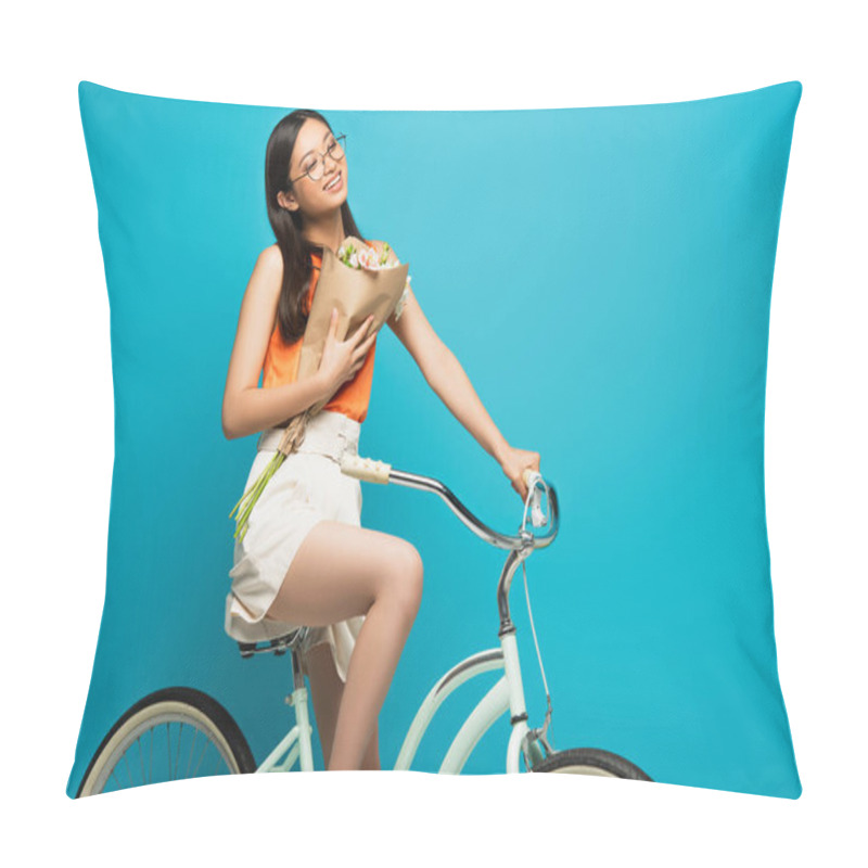 Personality  Happy Asian Girl In Glasses Riding Bicycle And Holding Flowers On Blue Pillow Covers