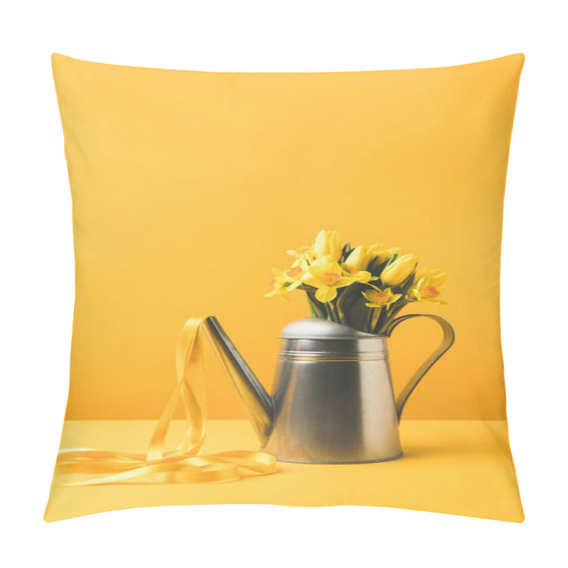 Personality  Beautiful Blooming Spring Flowers In Watering Can With Ribbon On Yellow  Pillow Covers