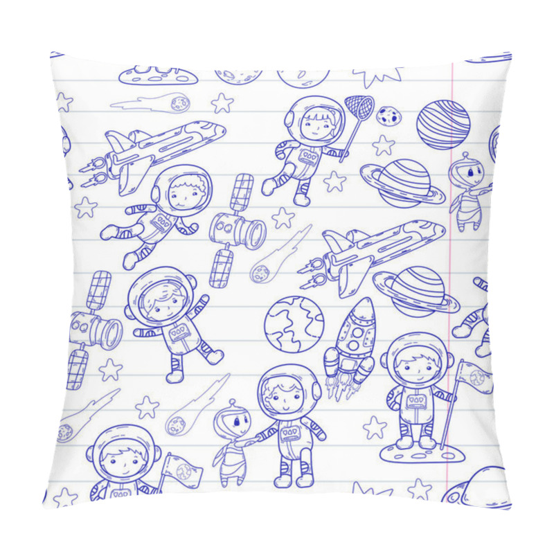 Personality  Space Kindergarten, School Astronomy Lesson Children, Doodle Kids Illustration Ufo, Alien, Moon Surface, Earth, Jupiter, Saturn, Mars Vector Icons Pillow Covers