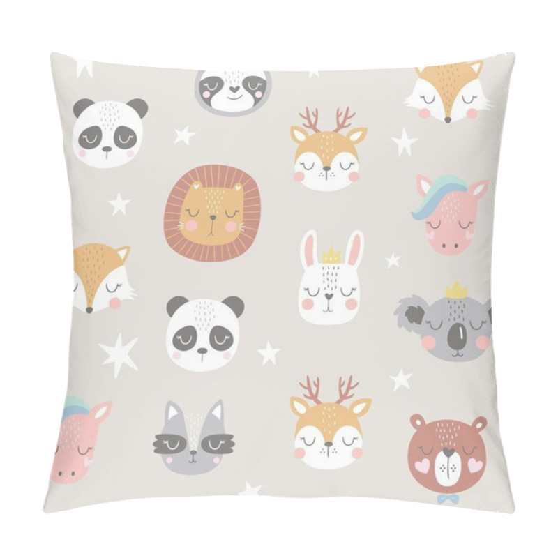 Personality  Seamless Childish Pattern With Funny Animals Faces . Creative Scandinavian Kids Texture For Fabric, Wrapping, Textile, Wallpaper, Apparel. Vector Illustration Pillow Covers