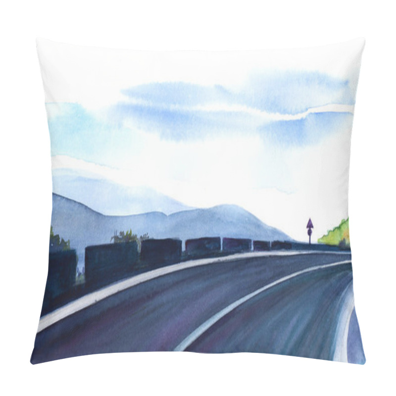 Personality  Watercolor Landscape Of Two-lane Road With Sharp Turn Against Blue And White Washed Sky And Distant Blurred Silhouettes Of Mountains. Hand Drawn Illustration With Smell Of Freedom Pillow Covers