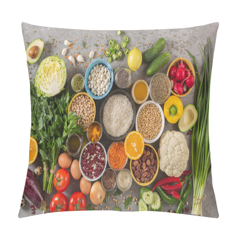 Personality  Concept Balanced Diet Of Fruits, Vegetables, Seeds, Legumes, Grains, Cereals, Herbs And Spices. Products Containing Vitamins, Mineral Salts, Antioxidants, Fiber Concrete Background Top View Pillow Covers