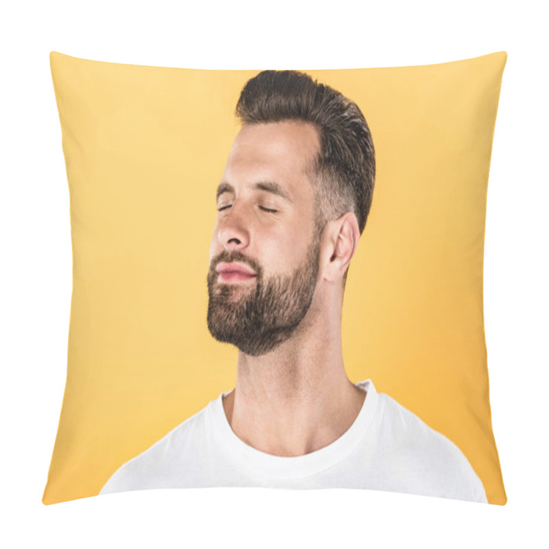 Personality  Joyful Handsome Man In White T-shirt With Closed Eyes Isolated On Yellow Pillow Covers