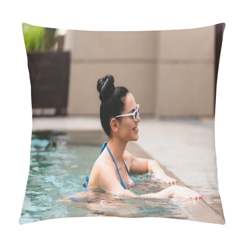 Personality  Cheerful Young Woman In Swimsuit Touching Sunglasses In Pool  Pillow Covers