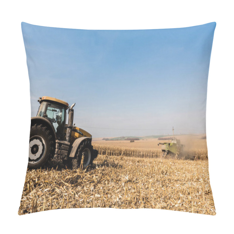 Personality  Tractors Harvesting Golden Field Against Blue Sky  Pillow Covers