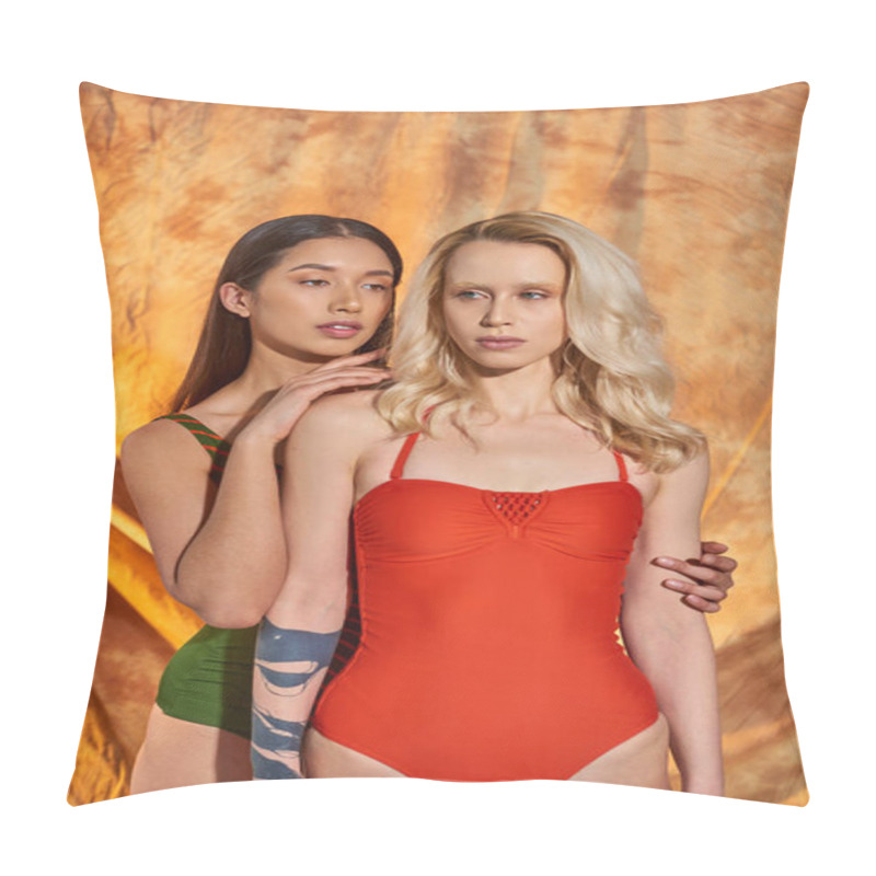 Personality  Young Asian Woman Hugging Blonde Model With Tattoo And Posing Together In Swimwear On Beige Backdrop Pillow Covers