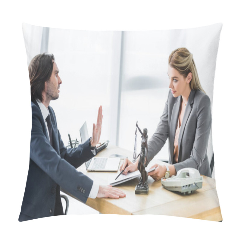 Personality  Businessman Looking At Lawyer With Contract And Showing Stop Sign In Office Pillow Covers