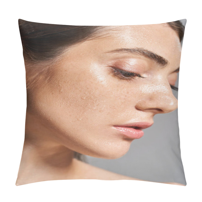 Personality  A Young Caucasian Woman With Water Drops On Her Face, Exuding A Sense Of Serenity And Connection With Nature. Pillow Covers