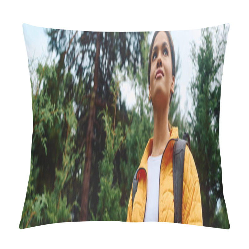 Personality  A Young Woman Embraces The Beauty Of Autumn While Hiking Through A Lively Forest, Surrounded By Nature. Pillow Covers