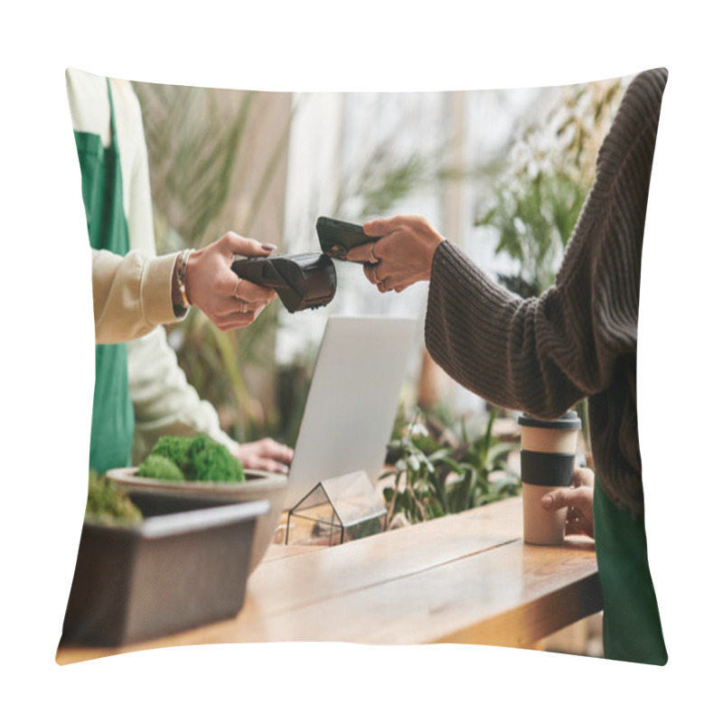 Personality  Stylish Woman Paying With Her Phone While Man Working In Green Setting. Pillow Covers