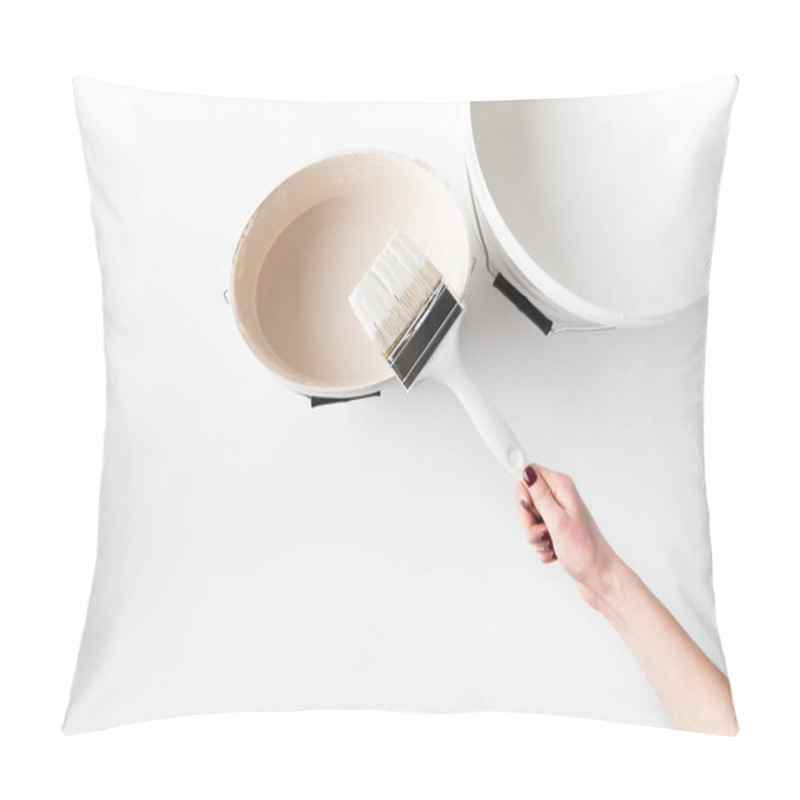 Personality  Cropped Image Of Girl Holding Brush In White Paint On Bucket Isolated On White Pillow Covers